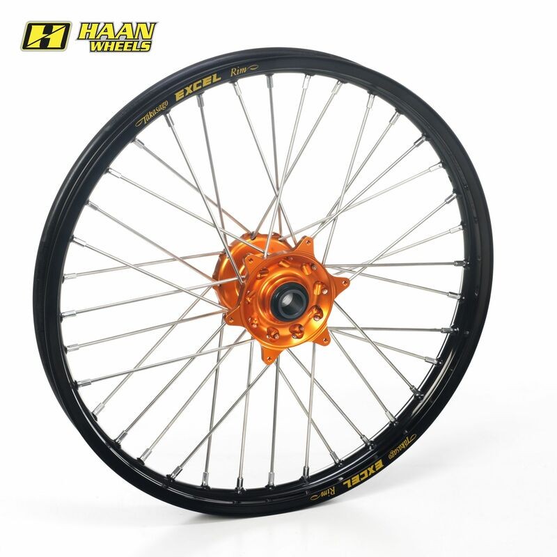 Roue avant complète HAAN WHEELS 19x1,40x36T jante noir/moyeu orange/rayons noir/têtes de rayons orange